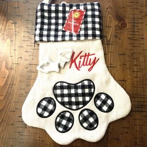 KITTY Stocking Buffalo Plaid Burlap Bag with Fish Pet Paw Print Embroidered